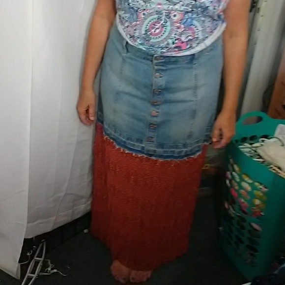 UPCYCLED Denim/Chiffon SKIRT - Picture 2 of 6